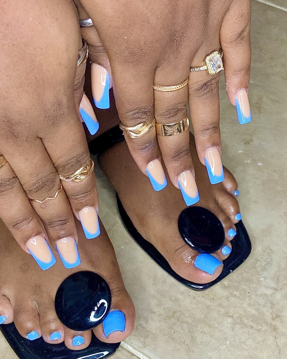 Nude and Blue French Tip Nails